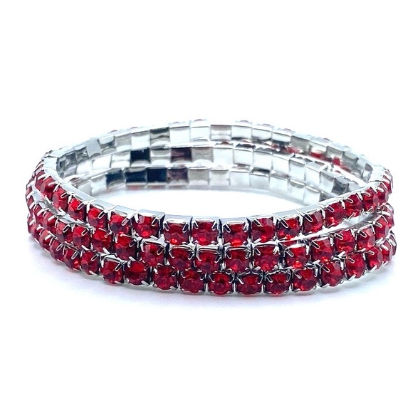 Rhinestone Stretch Bracelet Stackable Red Stones Silver Tone - Picture 2 of 5